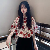 Red Flowers Printed Short Sleeve Elegant Blouse