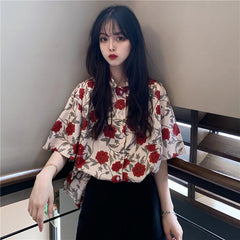 Red Flowers Printed Short Sleeve Elegant Blouse