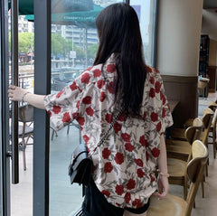 Red Flowers Printed Short Sleeve Elegant Blouse