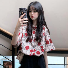 Red Flowers Printed Short Sleeve Elegant Blouse