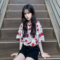 Red Flowers Printed Short Sleeve Elegant Blouse