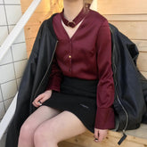 Red White Satin Elegant Choker Collar Blouse