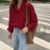 Red Wine Casual Style Turn Down Collar Loose Blouse