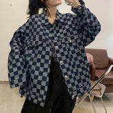 Retro Aesthetic Blue Checkered Denim Loose Shirt Jacket