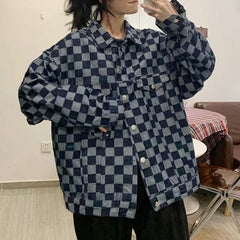 Retro Aesthetic Blue Checkered Denim Loose Shirt Jacket