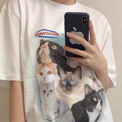 Retro Aesthetic Meme Cats Print Oversized T-Shirt