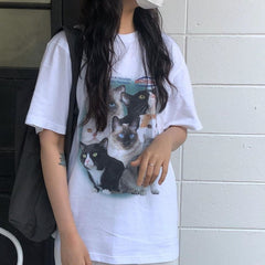 Retro Aesthetic Meme Cats Print Oversized T-Shirt