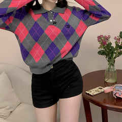 Retro Argyle Pattern Button Up Knit Sweater