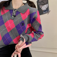 Retro Argyle Pattern Button Up Knit Sweater
