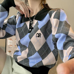 Retro Argyle Pattern Button Up Knit Sweater