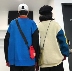 Suéter holgado con estampado de montaña retro beige y azul