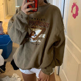 Retro Beige Deer Logo Embroidery Loose Sweatshirt