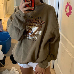Retro Beige Deer Logo Embroidery Loose Sweatshirt