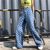 Retro Blue Checkered Washed Denim Loose Pants