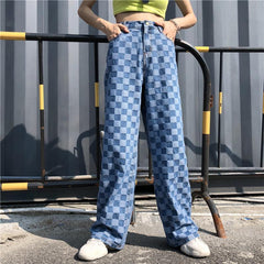 Retro Blue Checkered Washed Denim Loose Pants