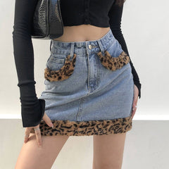 Retro Blue Denim Leopard Kunstfell Kanten Minirock