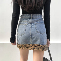 Retro Blue Denim Leopard Kunstfell Kanten Minirock