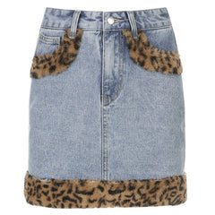 Retro Blue Denim Leopard Kunstfell Kanten Minirock