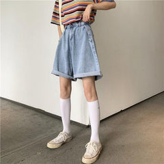 Retro Blue Washed High Waist Long Denim Shorts