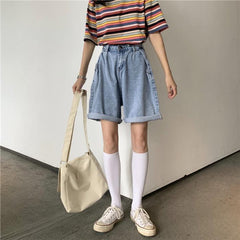 Retro Blue Washed High Waist Long Denim Shorts