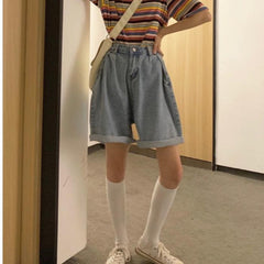 Retro Blue Washed High Waist Long Denim Shorts