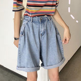 Retro Blue Washed High Waist Long Denim Shorts