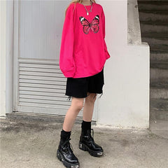Retro Butterfly Print Bright Pink Loose 90S Shirt