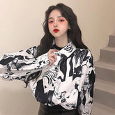 Retro Bw Print Long Sleeved Blouse Shirt
