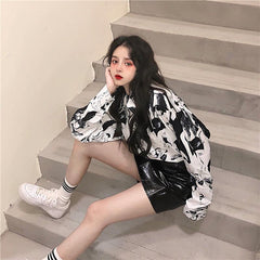 Retro Bw Print Long Sleeved Blouse Shirt