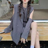 Retro Casual Suit Vest + Shoulderless Loose Shirt