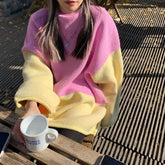 Retro Contrast Color Block Knit Oversized Sweater