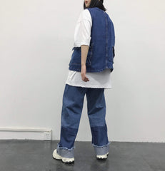 Retro Denim Blue Multi Pockets Button Vest