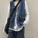 Retro Denim Blue Multi Pockets Button Vest