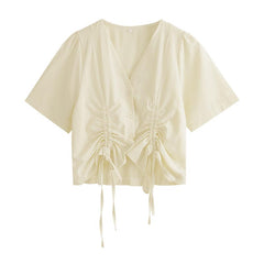 Retro Drawstring V-Neck Blouse Summer Solid Colors Shirt