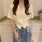Retro Drawstring V-Neck Blouse Summer Solid Colors Shirt