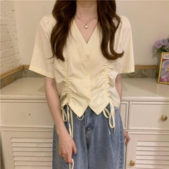 Retro Drawstring V-Neck Blouse Summer Solid Colors Shirt