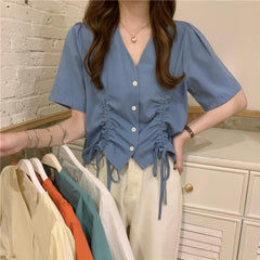 Retro Drawstring V-Neck Blouse Summer Solid Colors Shirt