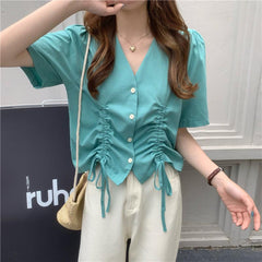 Retro Drawstring V-Neck Blouse Summer Solid Colors Shirt