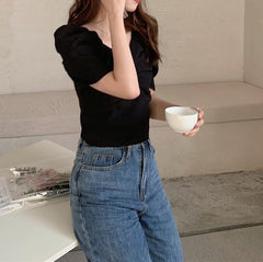 Blusa retro elegante de manga corta con nudo en el pecho