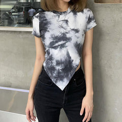 Retro Gray Tie Dye Print Irregular Cut Ribbed T-Shirt