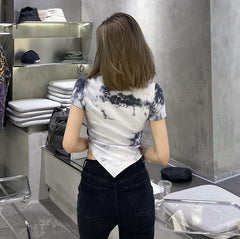 Retro Gray Tie Dye Print Irregular Cut Ribbed T-Shirt