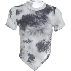 Retro Gray Tie Dye Print Irregular Cut Ribbed T-Shirt
