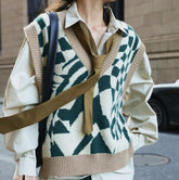 Retro Green Checkered Pattern Knit V-Neck Loose Vest