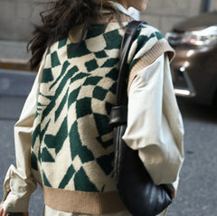 Retro Green Checkered Pattern Knit V-Neck Loose Vest