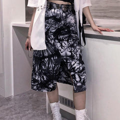 Midirock mit hoher Taille und Batikmuster im Retro-Tinten-Stil