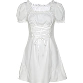 Retro Lace Up Waist Ruffles Mini White Dress