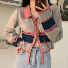 Suéter tipo cárdigan de punto con cremallera y canalé en tonos pastel retro