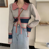 Retro Pastel Ribbed Zipper Knit Cardigan Sweater