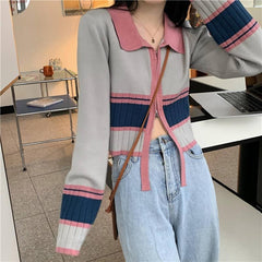 Suéter tipo cárdigan de punto con cremallera y canalé en tonos pastel retro