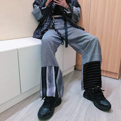 Retro Patched Stitching Loose Blue Red Plaid Pants